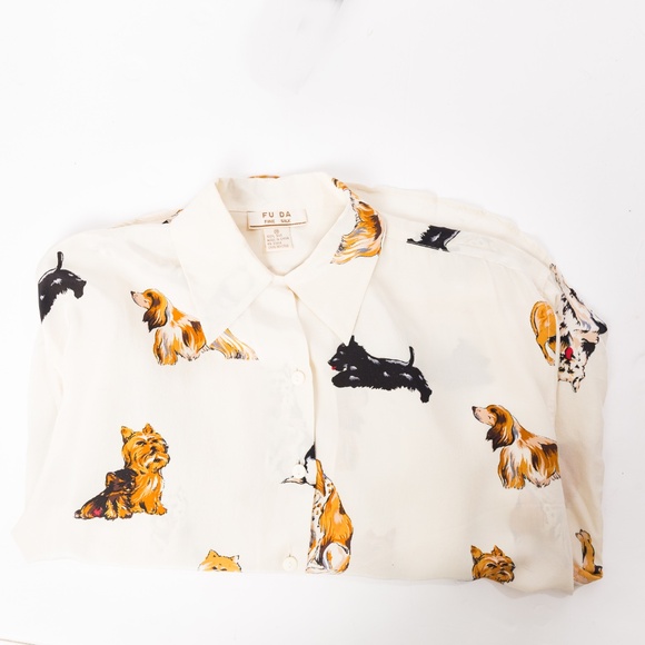 100% silk dog lover blouse cream Fu Da size M - Picture 10 of 12